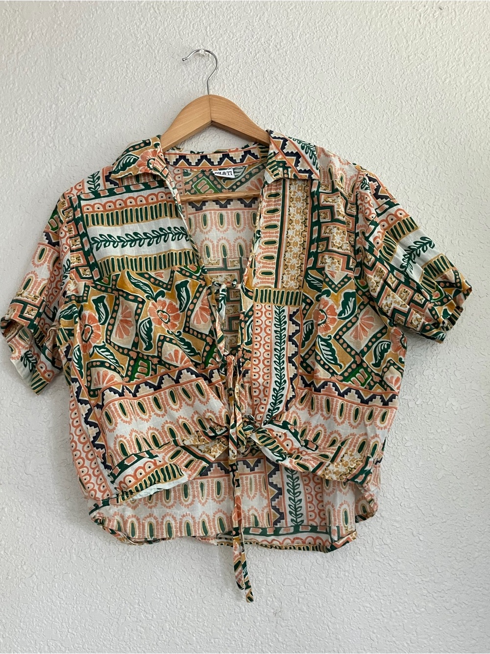 Printed Tie-Front Crop Top in Green & Peach - Vintage